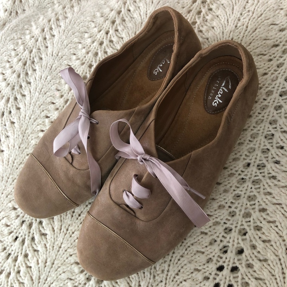 Clarks Taupe Suede Ribbon Lace-Up Flats